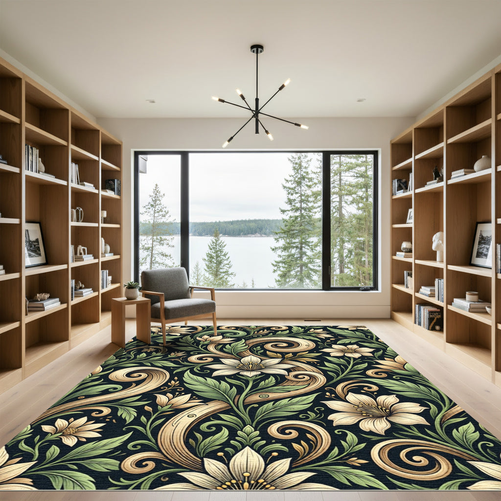 Elegant Ivory Floral Cream Swirl Art Rug