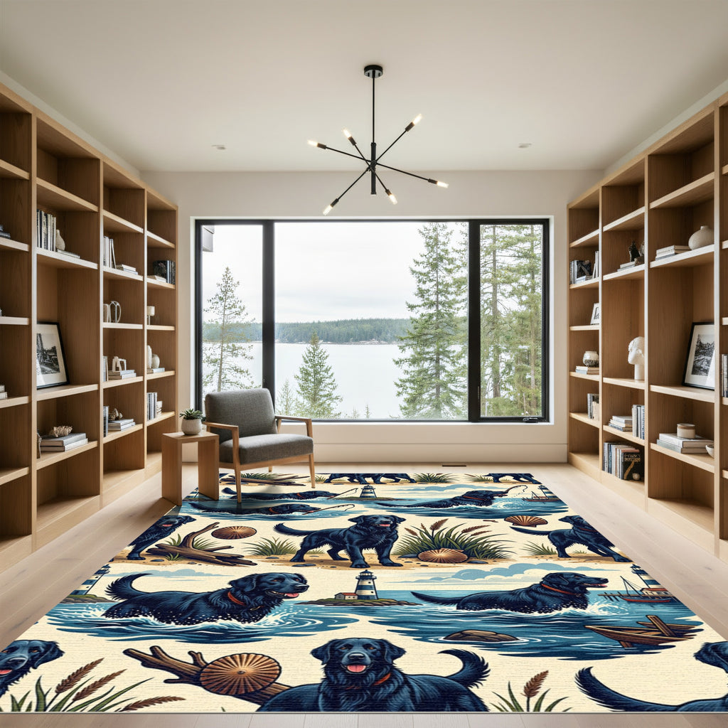 Coastal Black Retriever Lighthouse Scene Rug
