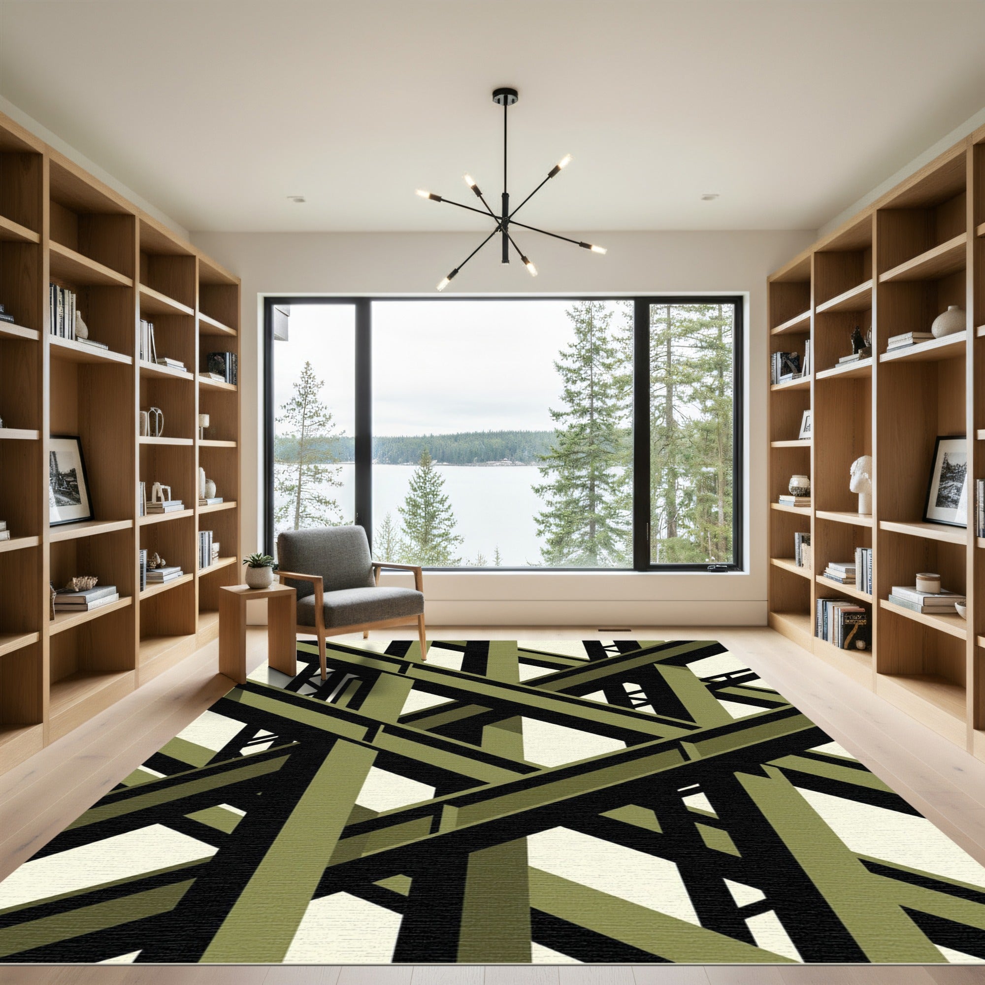 Olive Geometric Steel Industrial Beam Rug