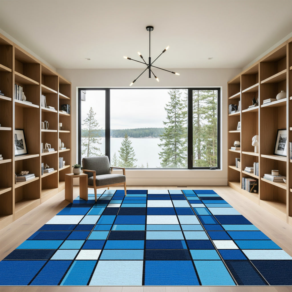 Modern Geometric Blue Grid Art Rug