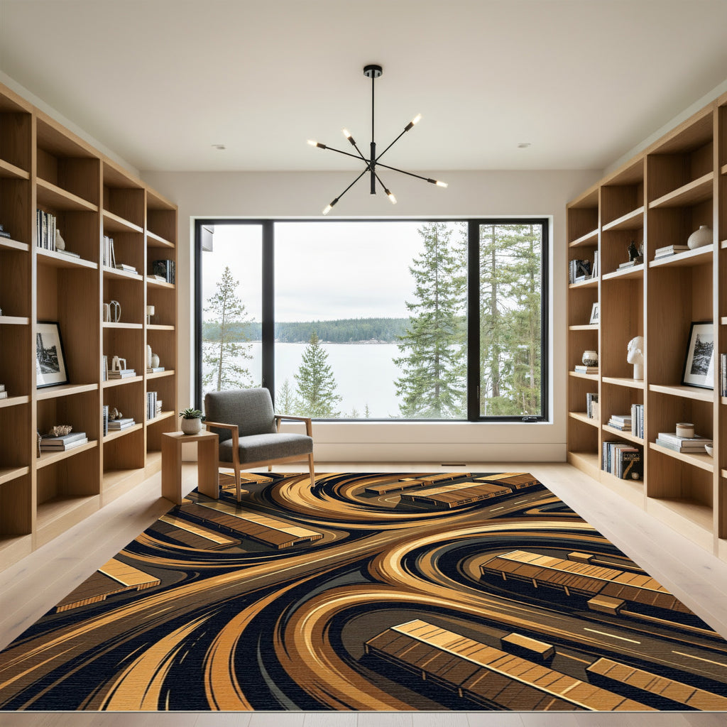 Abstract Golden Brown Swirl Industrial Landscape Rug