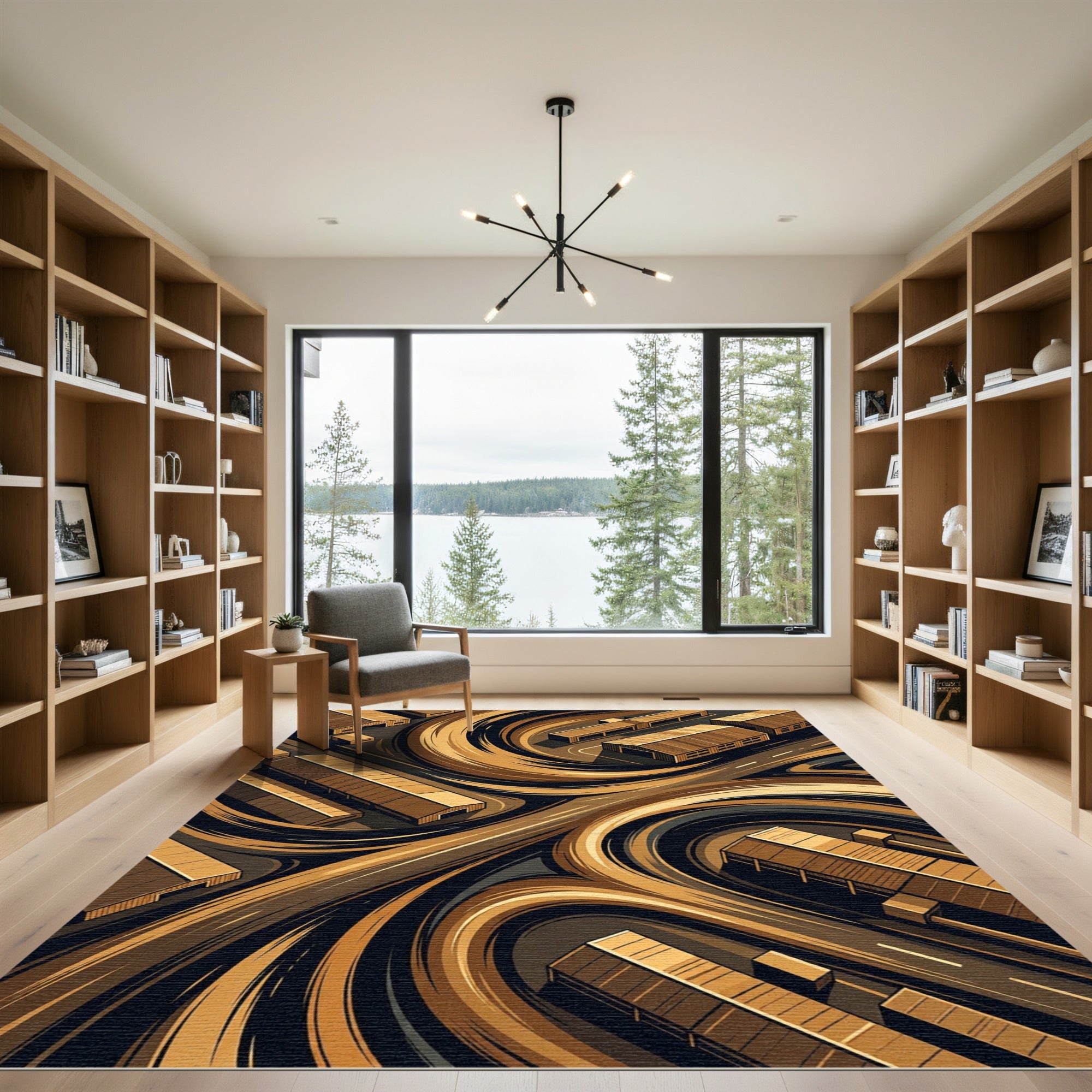 Abstract Golden Brown Swirl Industrial Landscape Rug