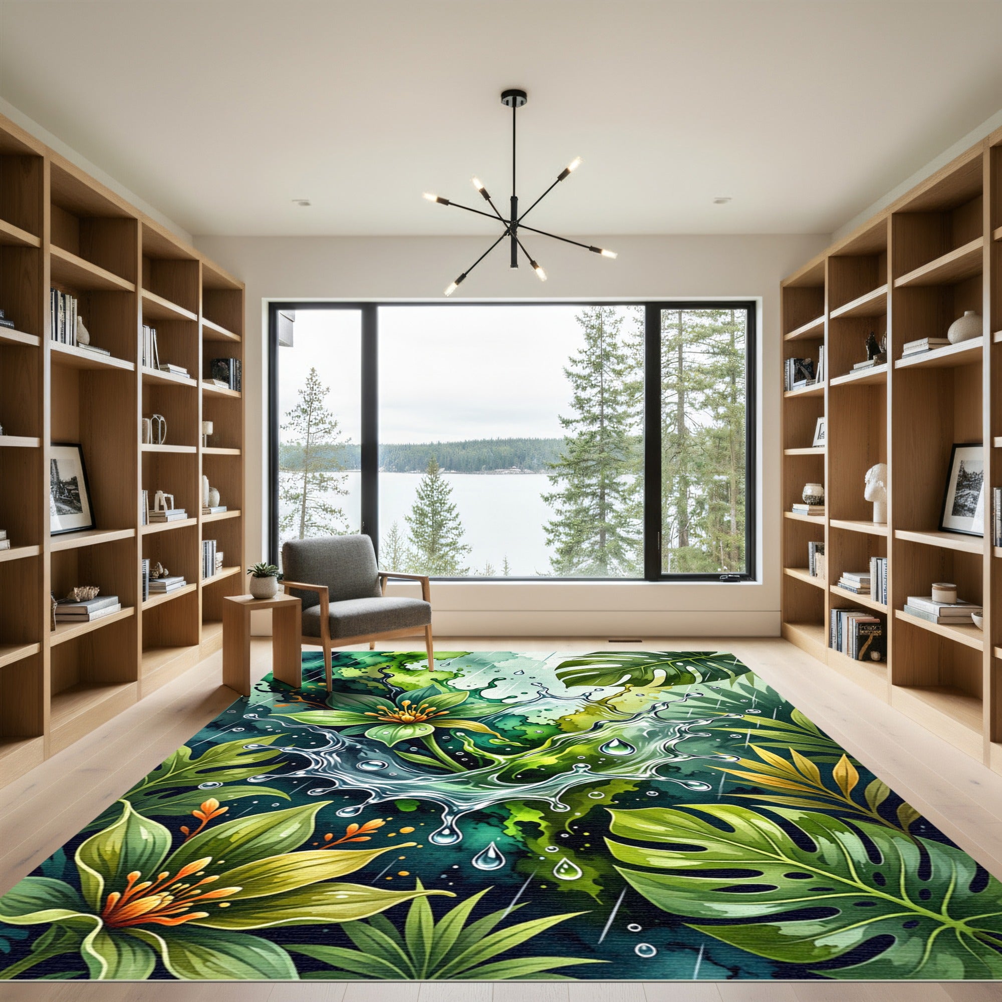 Vibrant Green Jungle Rain Splash Rug