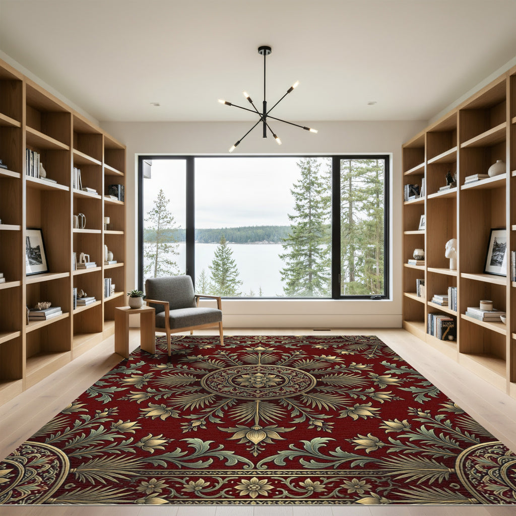 Elegant Crimson Golden Floral Medallion Rug