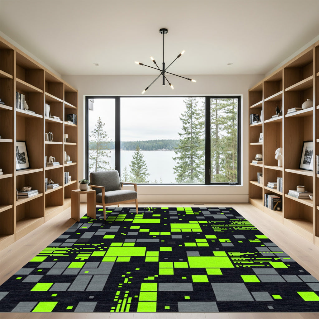 Neon Grid Abstract Digital Pixel Art Rug
