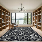 Ornate White Floral Scrollwork Swirls Rug