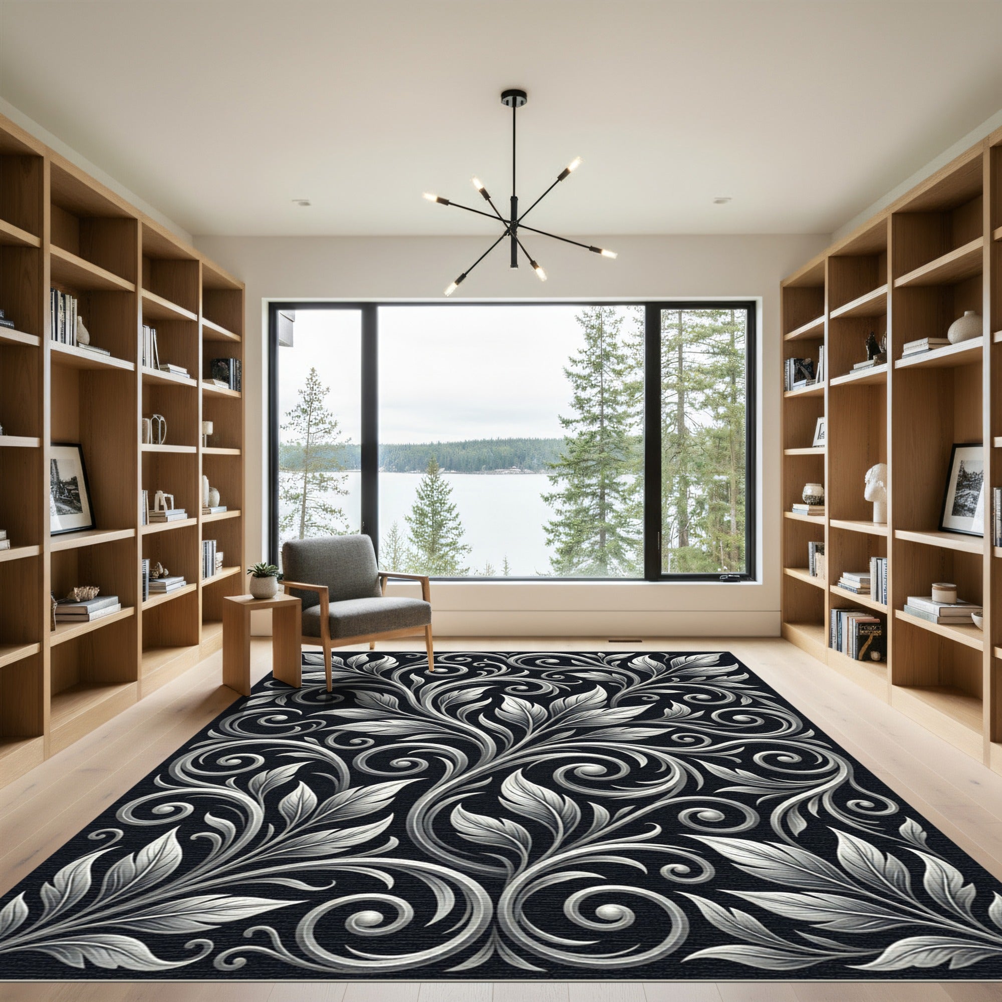 Ornate White Floral Scrollwork Swirls Rug
