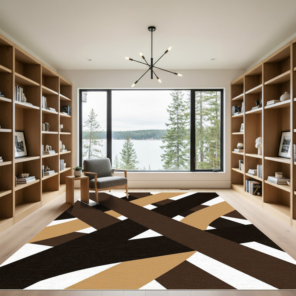 Modern Brown Interlocking Geometric Abstract Rug