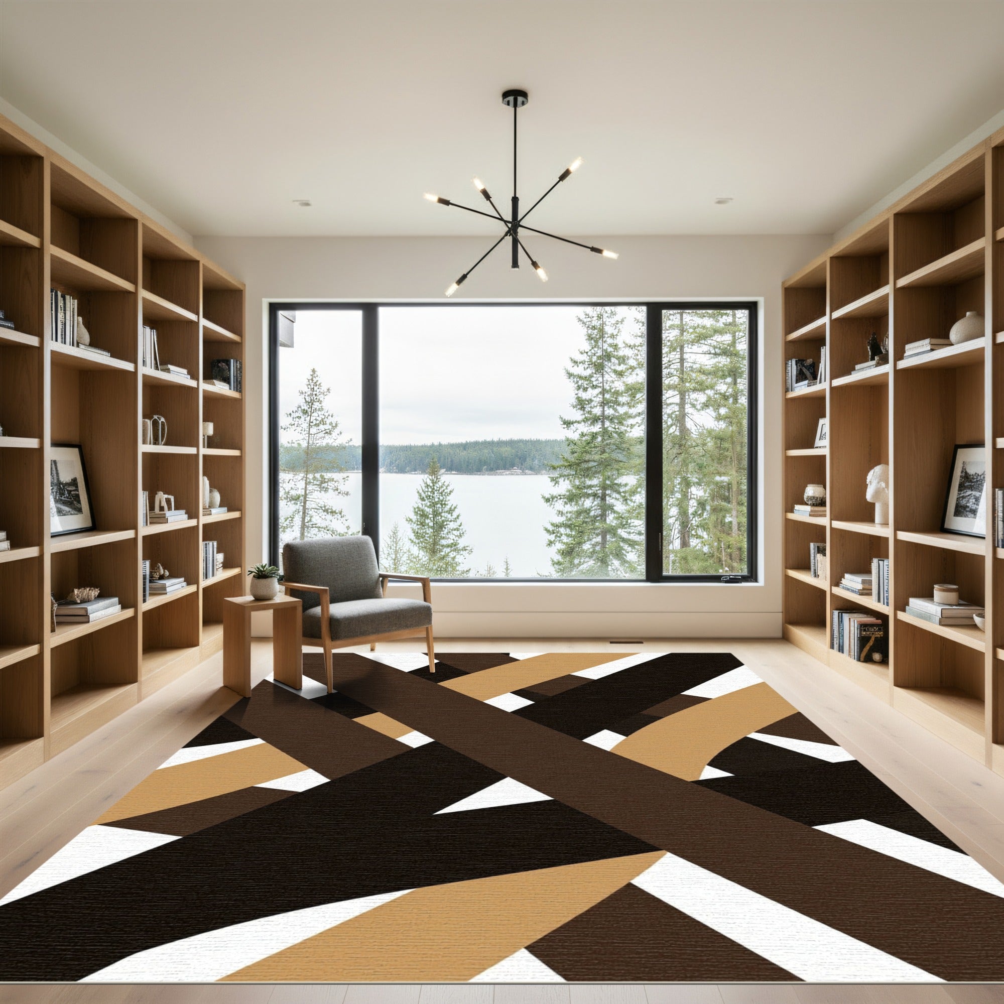 Modern Brown Interlocking Geometric Abstract Rug