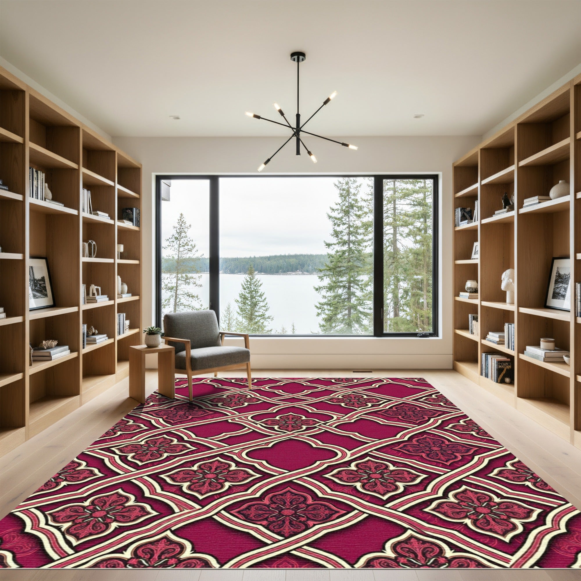 Ornate Crimson Lattice Floral Damask Rug