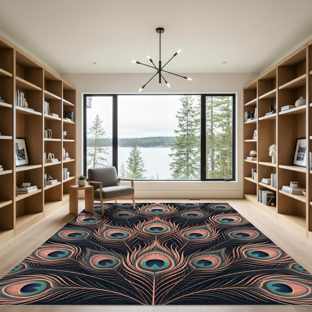 Elegant Copper Peacock Feather Art Rug
