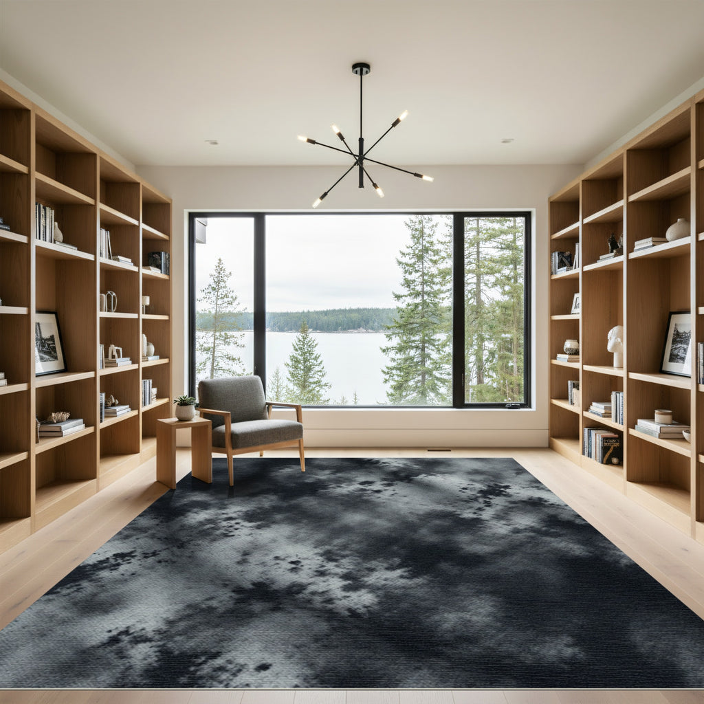 Monochrome Charcoal Abstract Cloud Ink Wash Rug