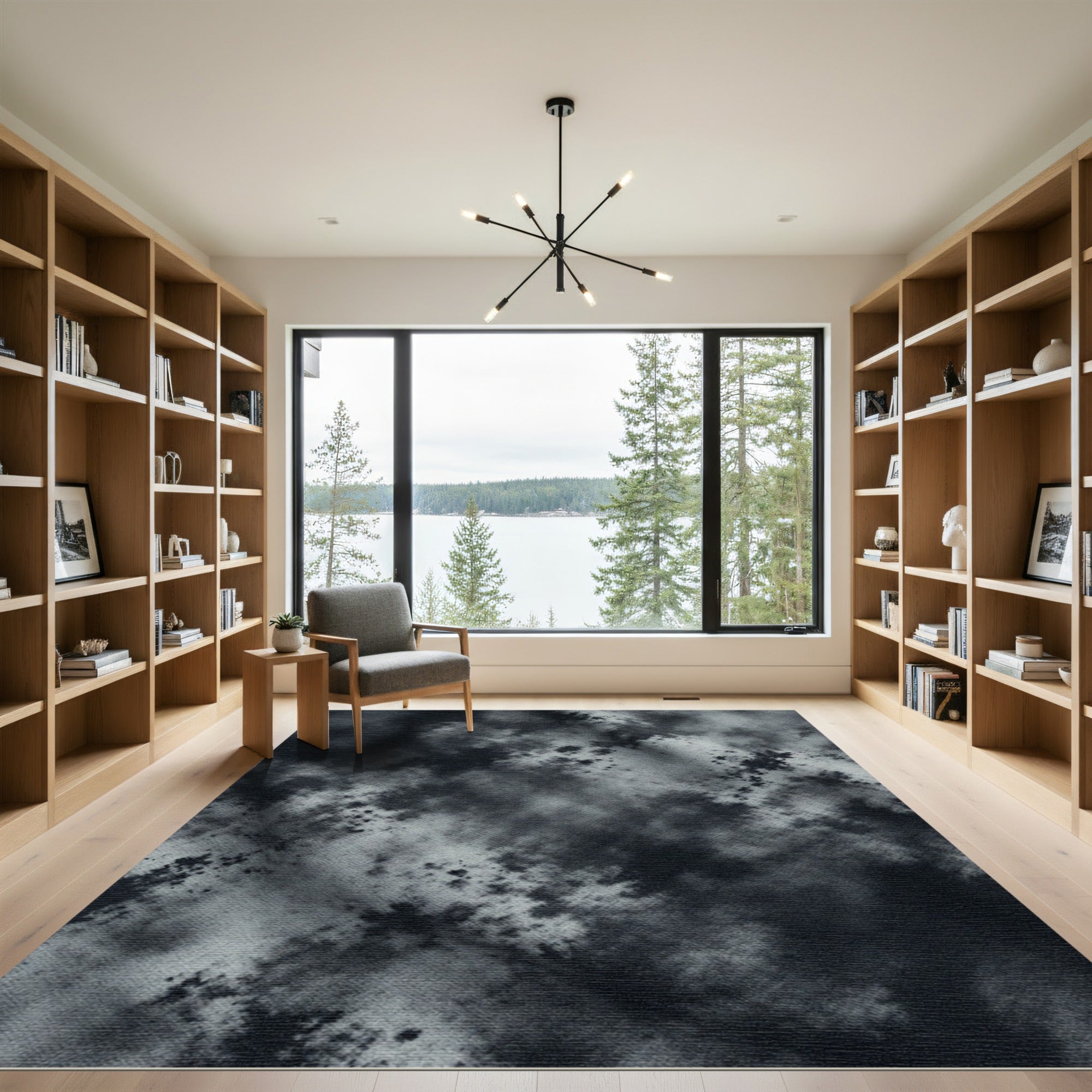 Monochrome Charcoal Abstract Cloud Ink Wash Rug