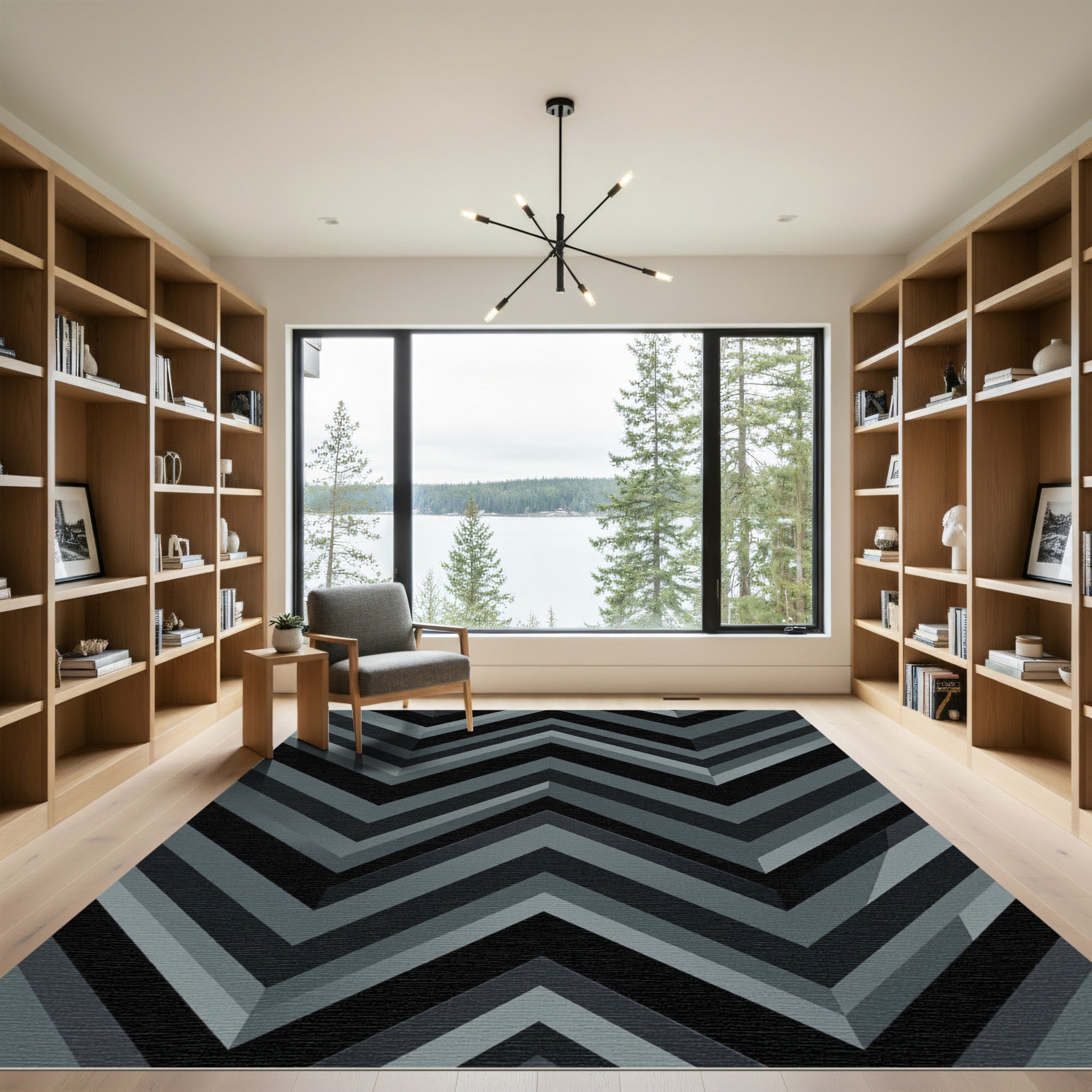 Modern Dark Gray Geometric Chevron Rug