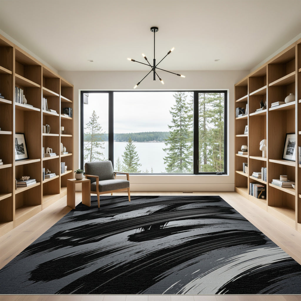 Modern Black Abstract Charcoal Brushstroke Rug
