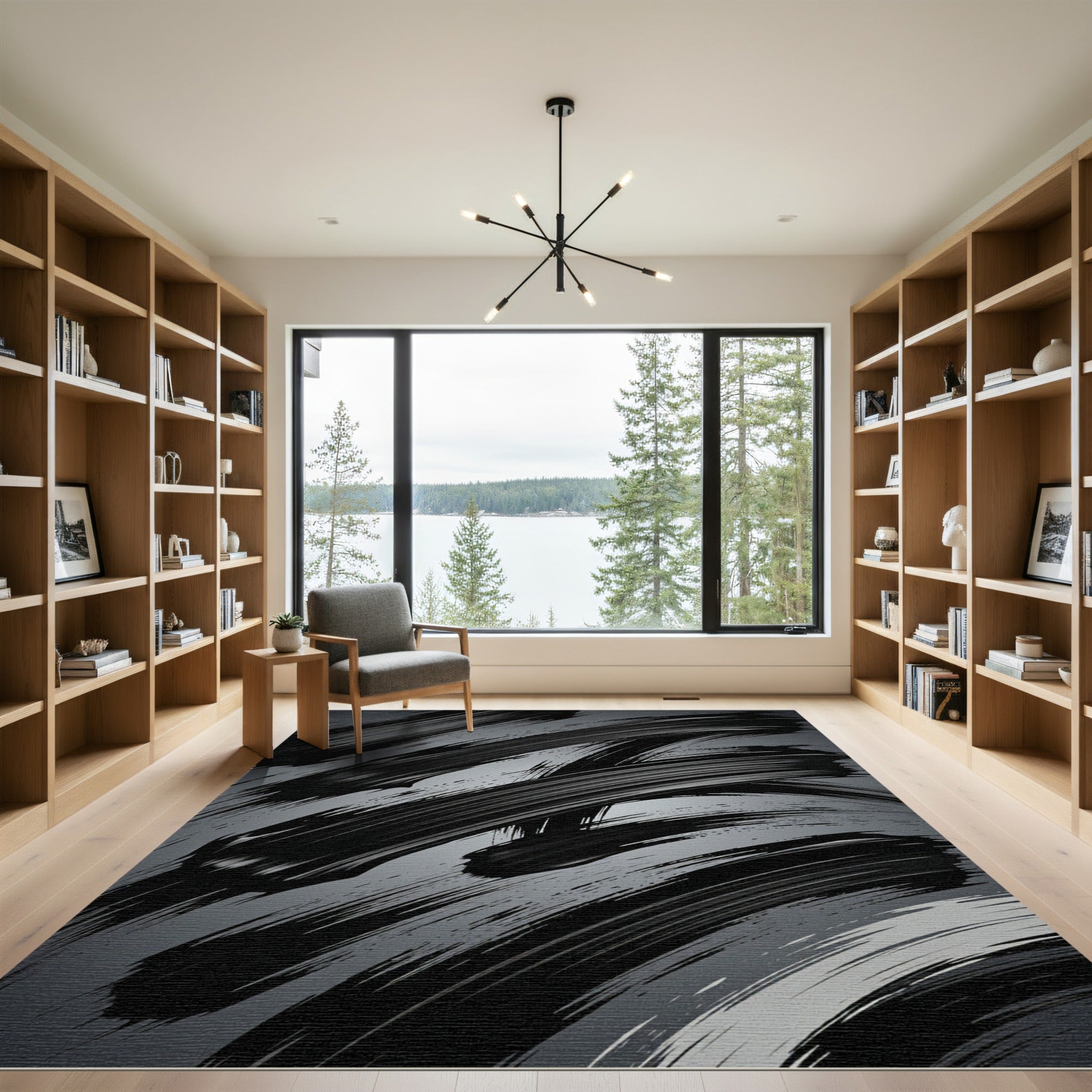 Modern Black Abstract Charcoal Brushstroke Rug
