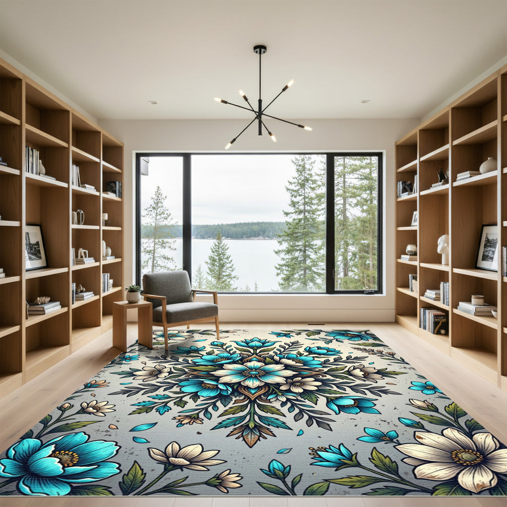 Elegant Teal and White Floral Medallion Rug