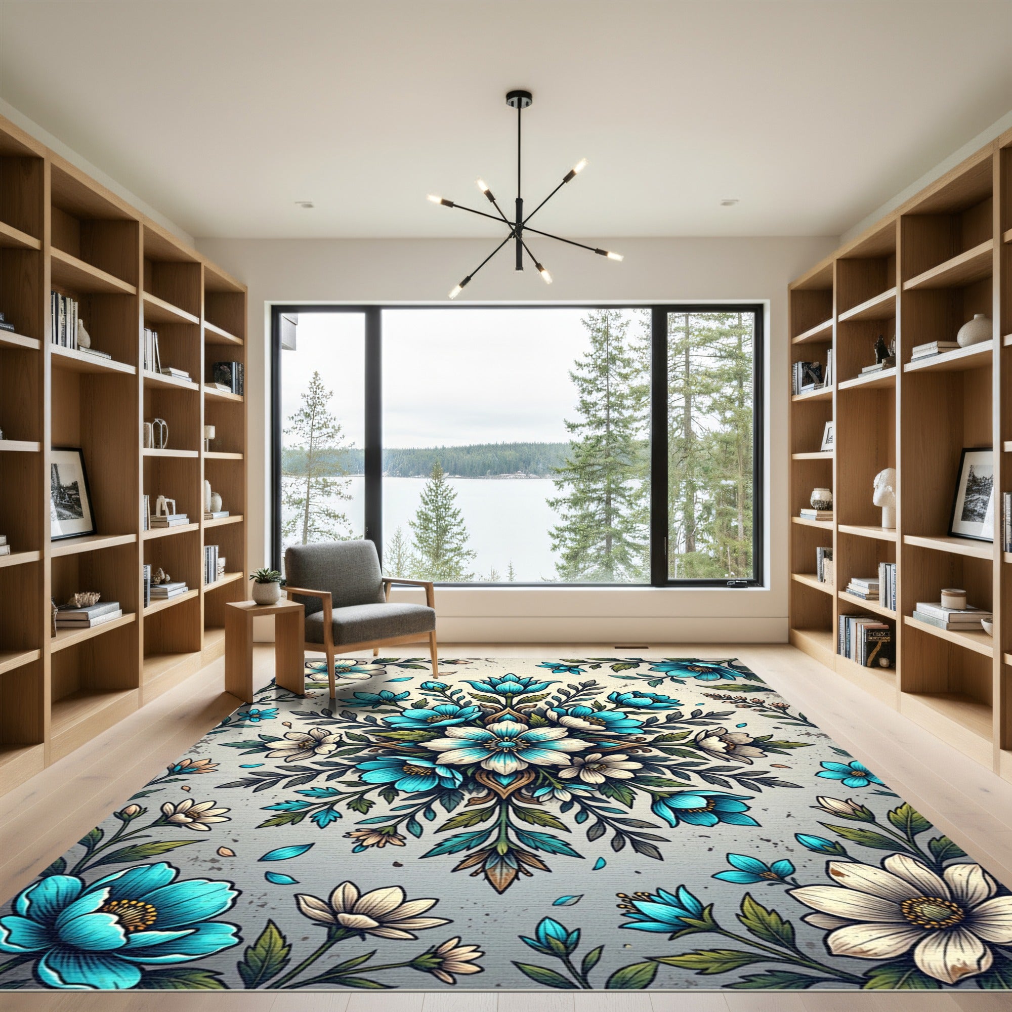 Elegant Teal and White Floral Medallion Rug