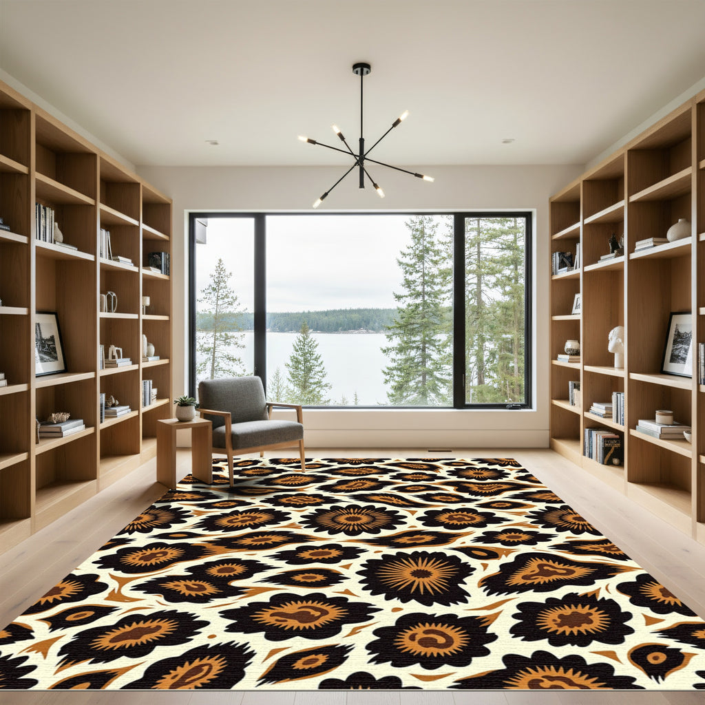 Exotic Gold Black Floral Spots Rug