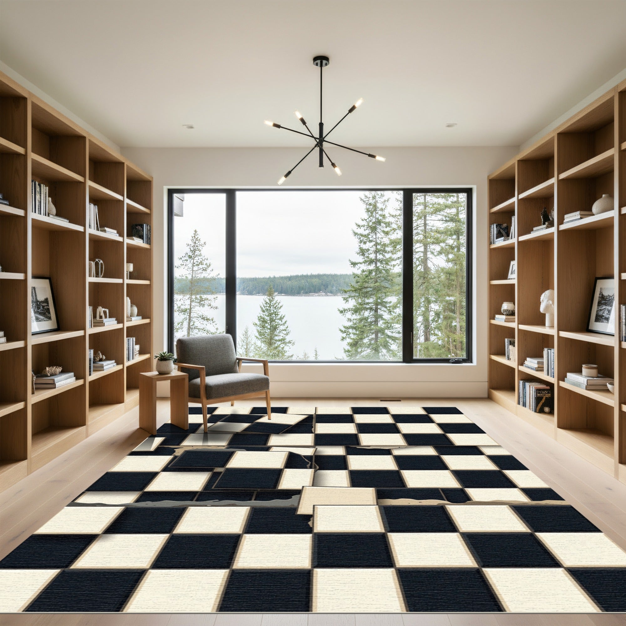 Distressed Black Cream Checkerboard Squares Rug