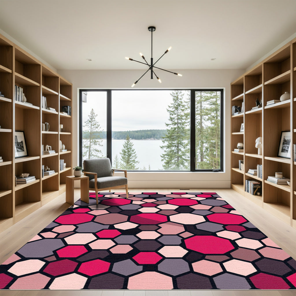 Pink Gray Hexagonal Mosaic Rug