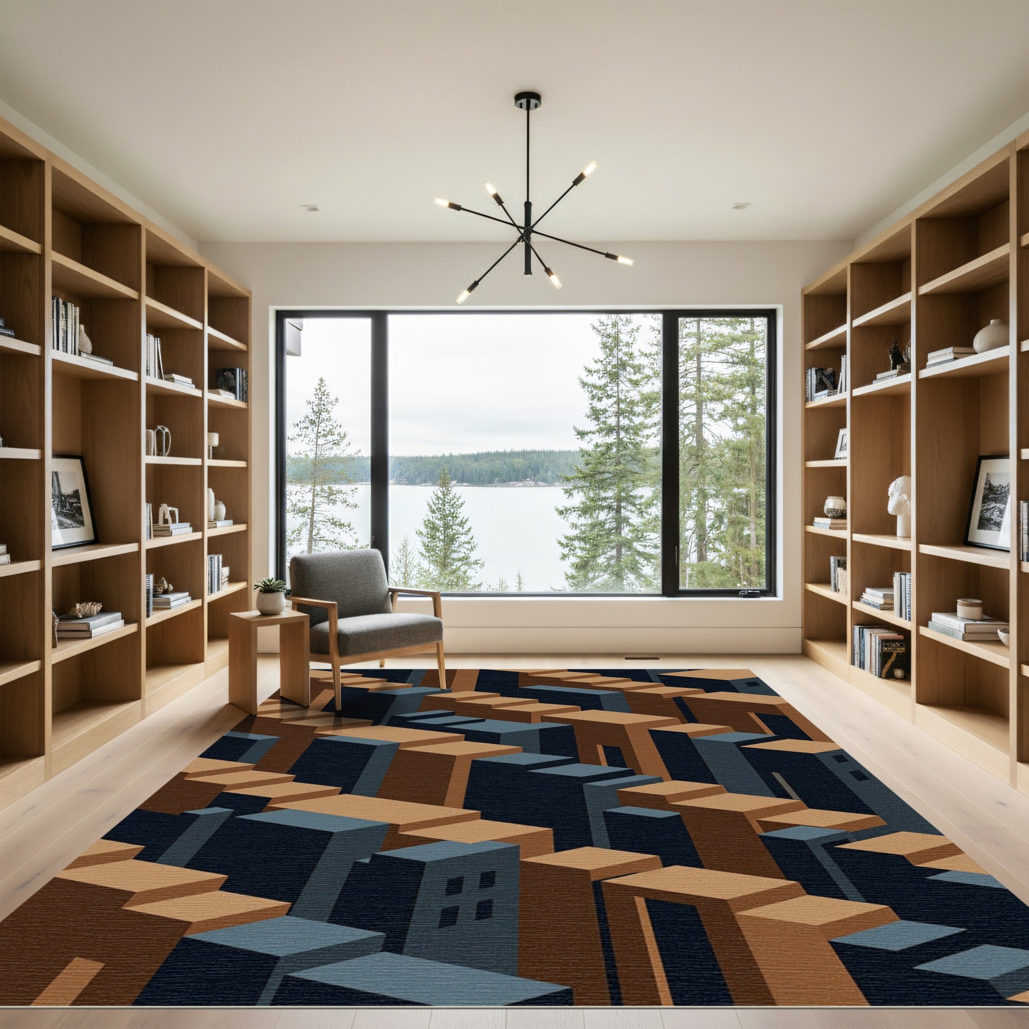Isometric Navy and Terracotta Geometric Staircase Rug