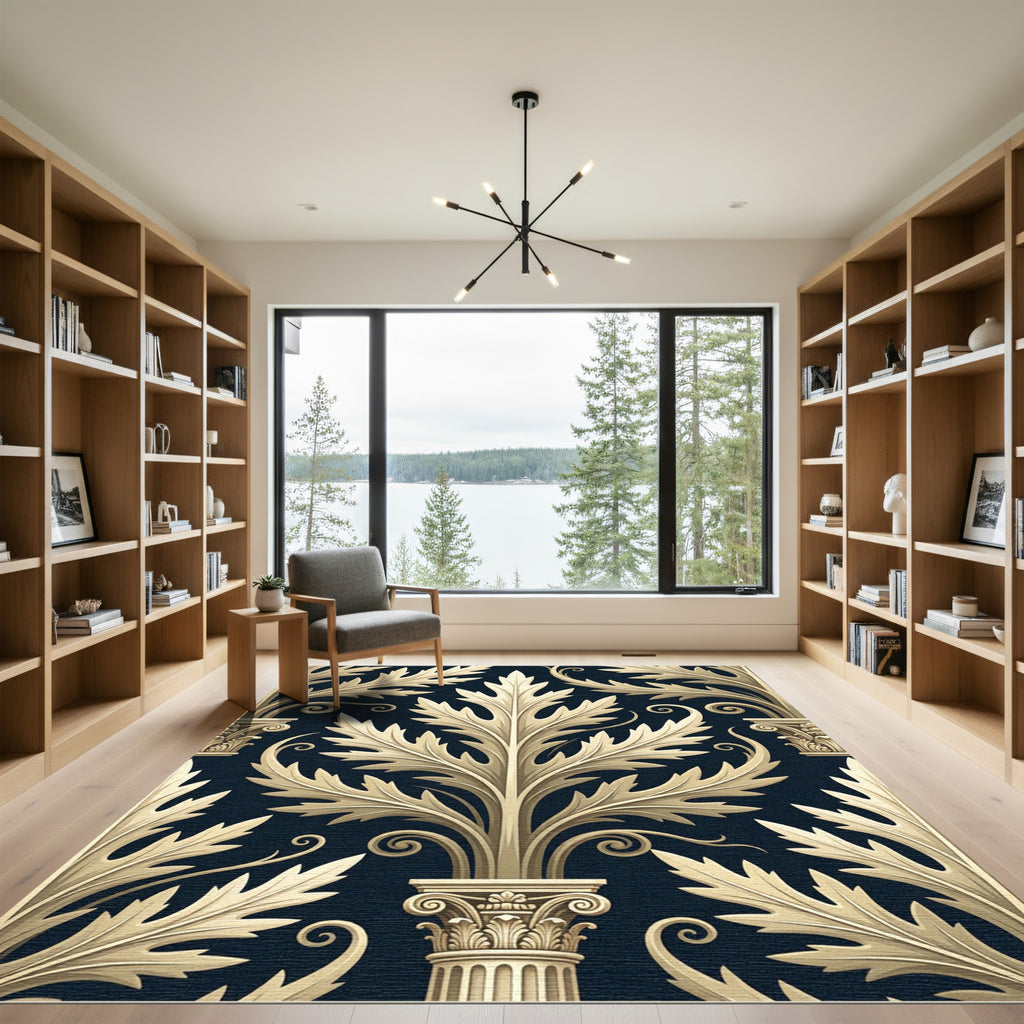 Ornate Golden Acanthus Leaf Composition Rug