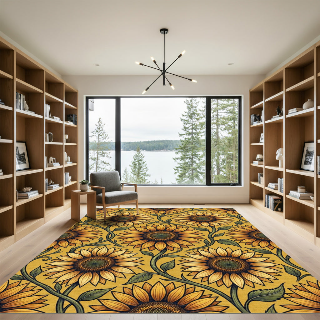 Sunny Golden Sunflower Botanical Illustration Rug