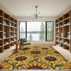 Sunny Golden Sunflower Botanical Illustration Rug