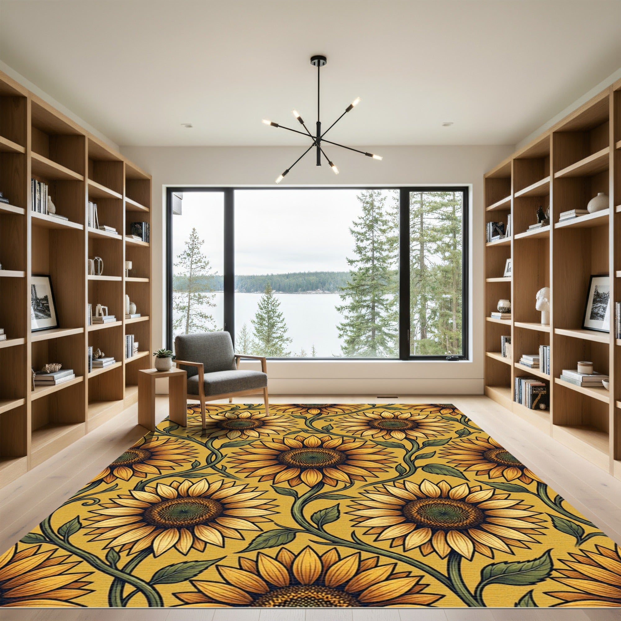Sunny Golden Sunflower Botanical Illustration Rug