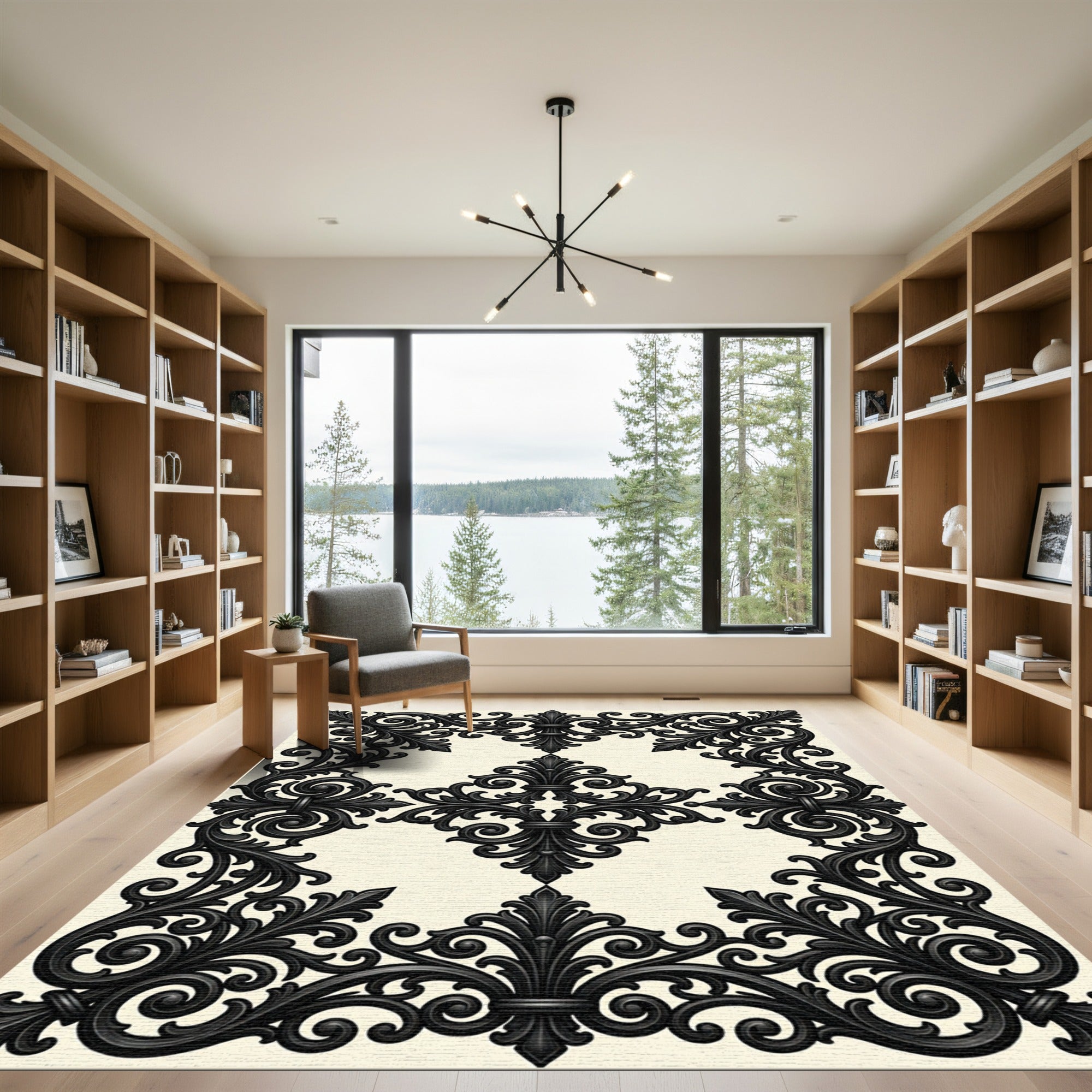 Elegant Black Scrollwork Damask Medallion Rug
