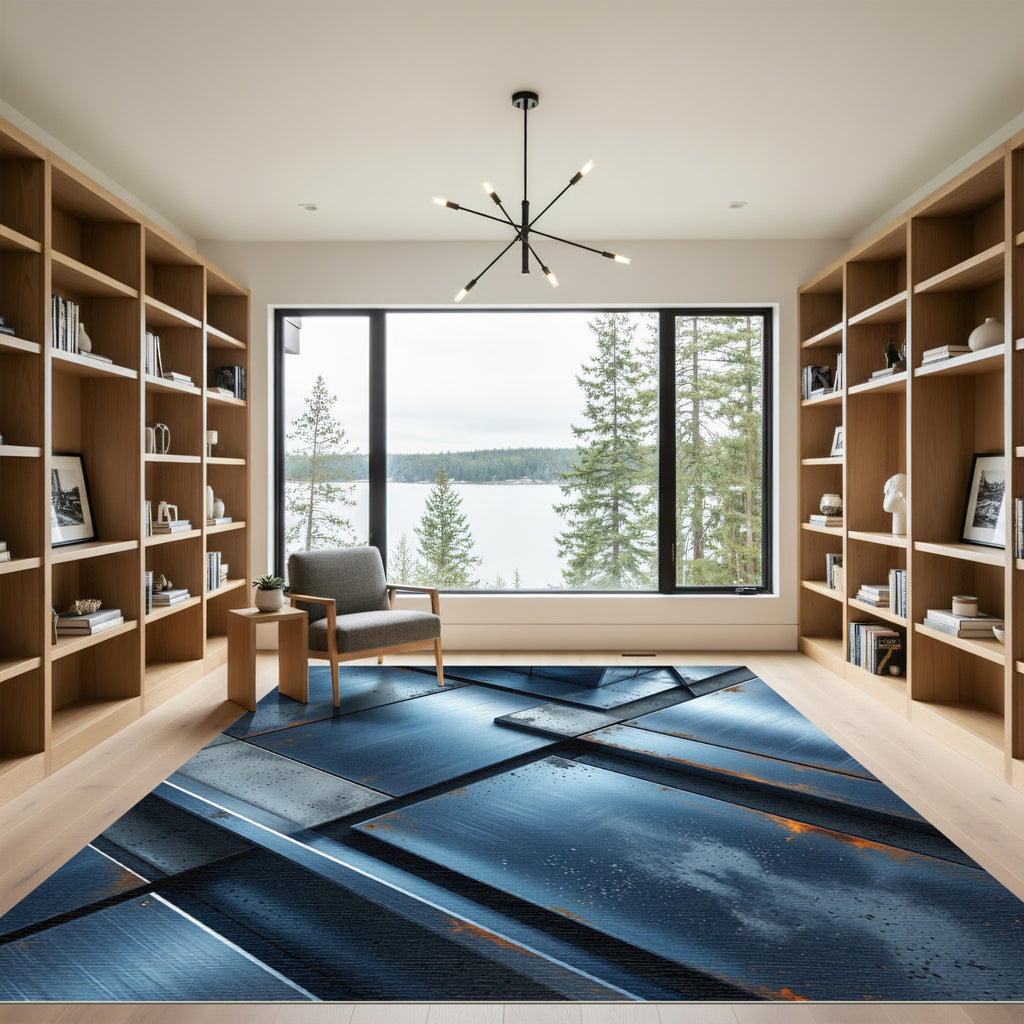 Industrial Blue Steel Geometric Composition Rug