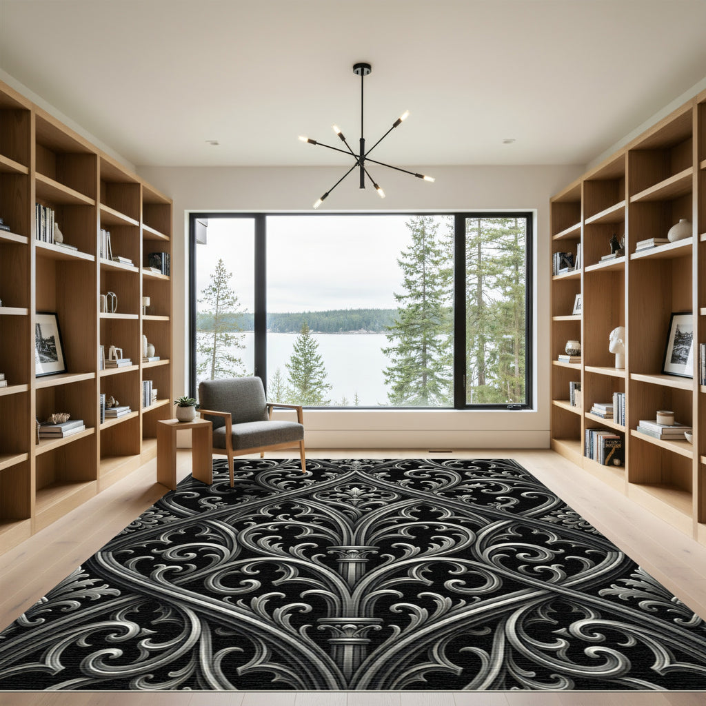 Gothic Gray Ornate Scrollwork Composition Rug