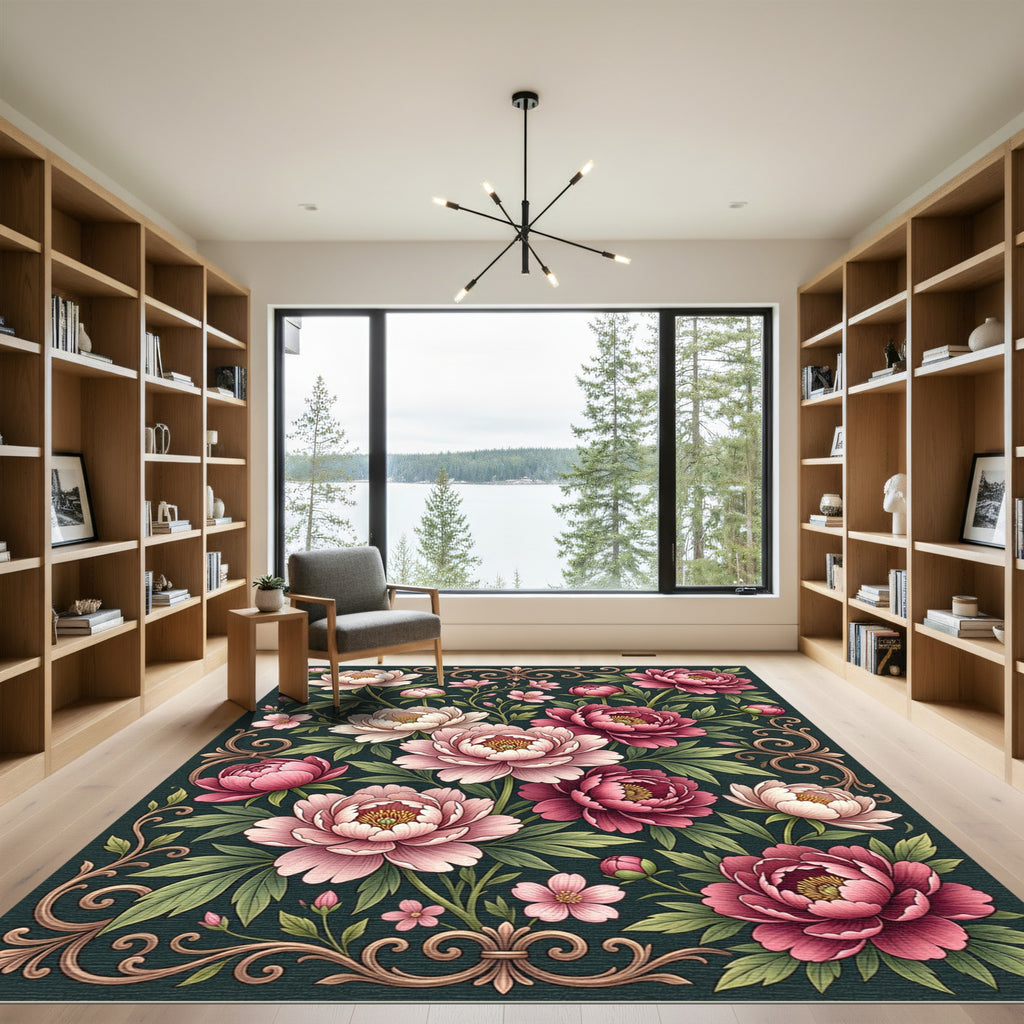 Romantic Blush Peony Botanical Scroll Rug
