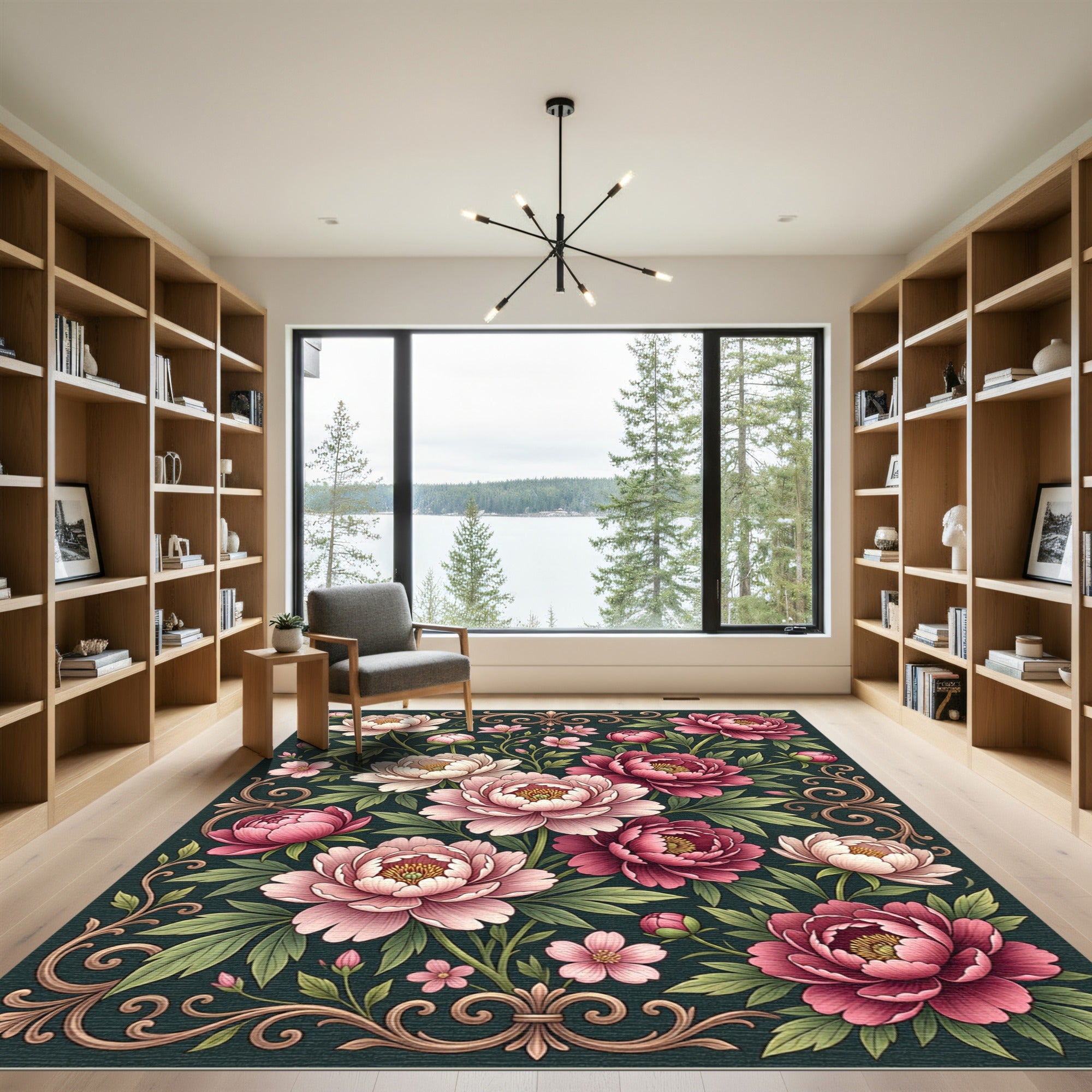 Romantic Blush Peony Botanical Scroll Rug
