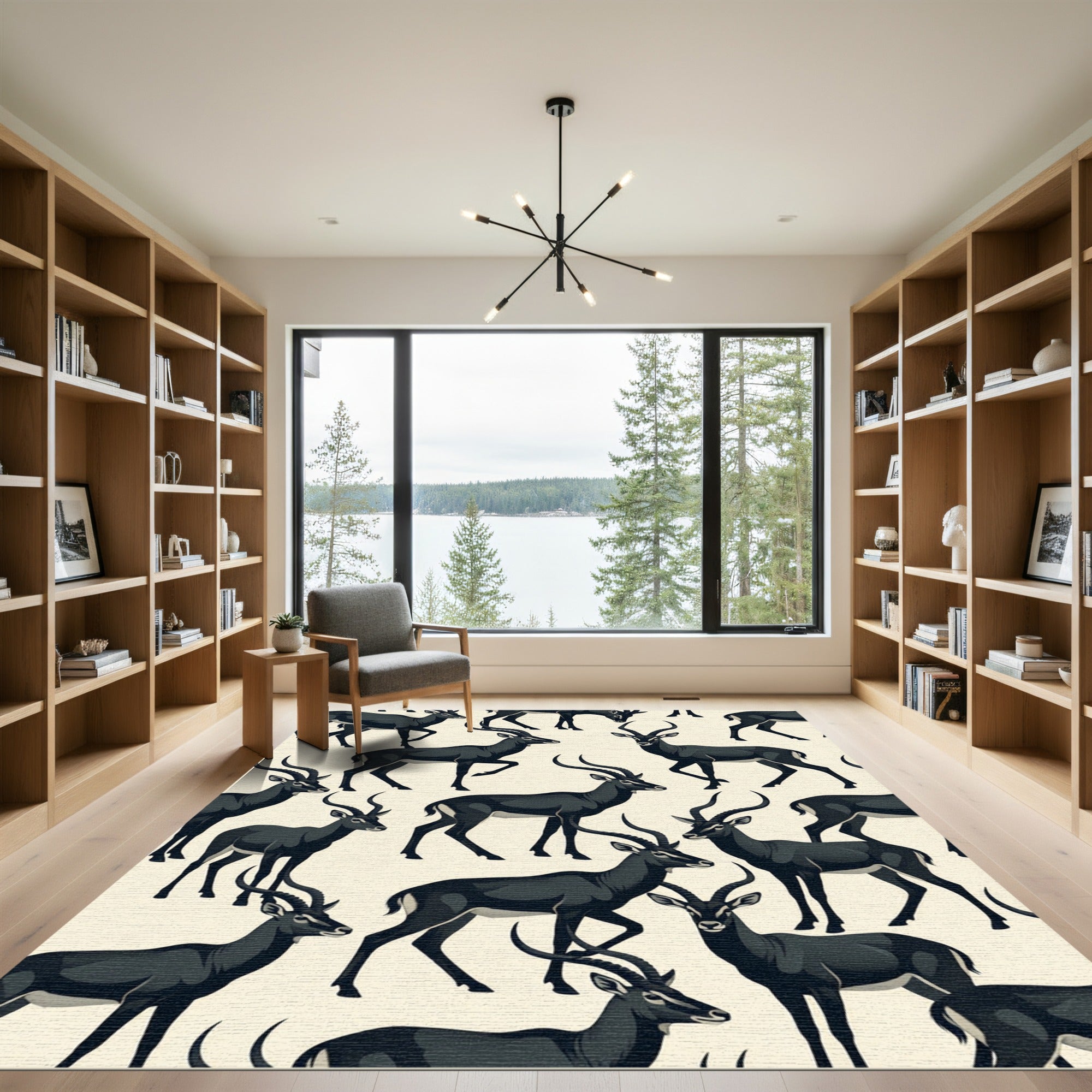 Modern Charcoal Black Antelope Silhouette Rug