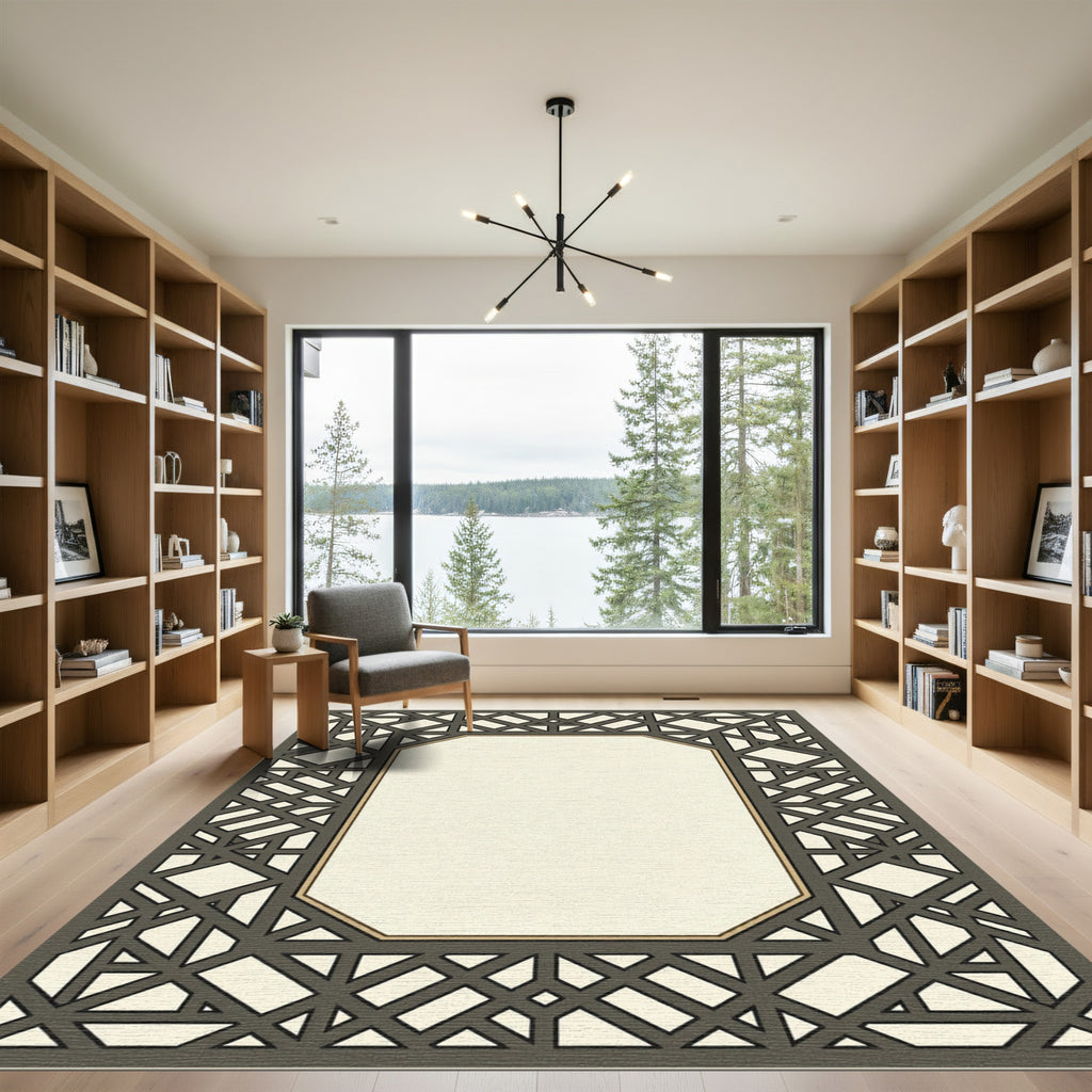 Geometric Dark Gray Lattice Frame Rug