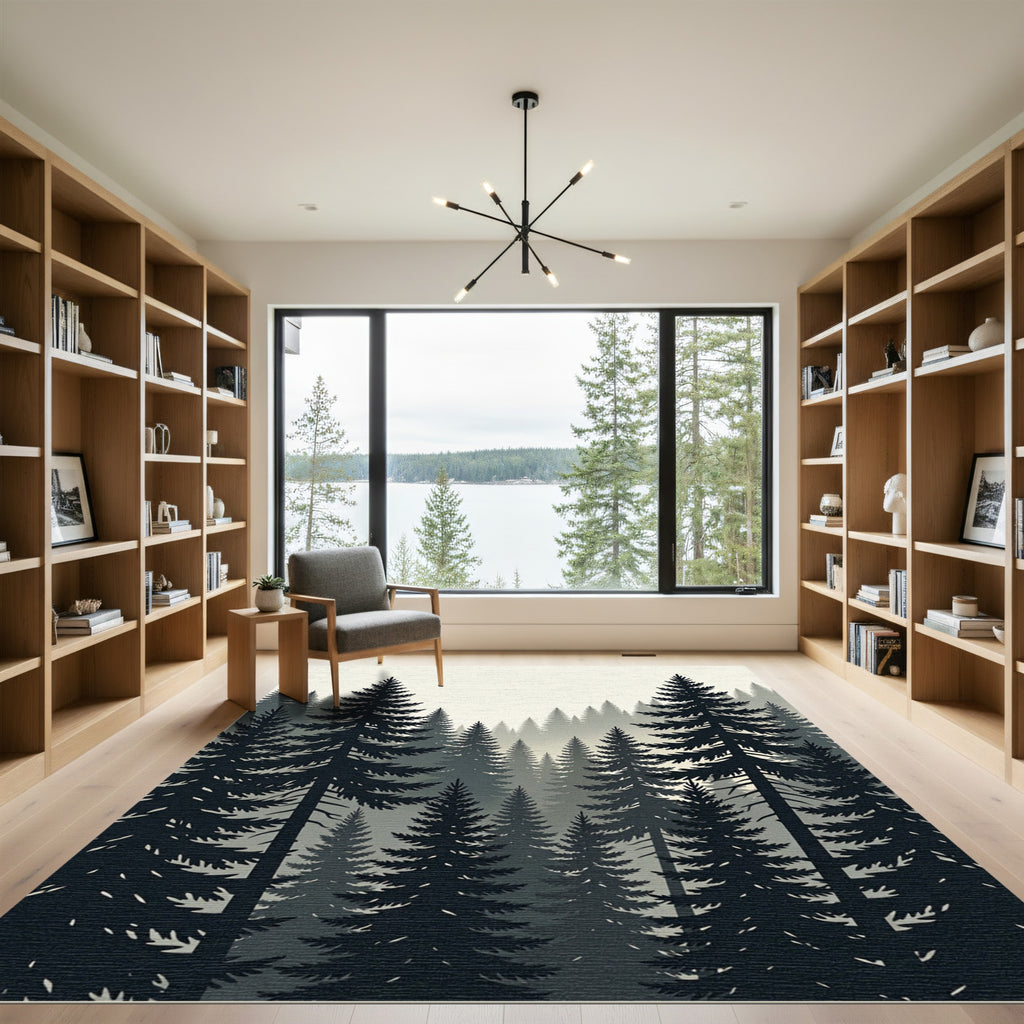 Misty Forest Evergreen Pine Silhouette Rug