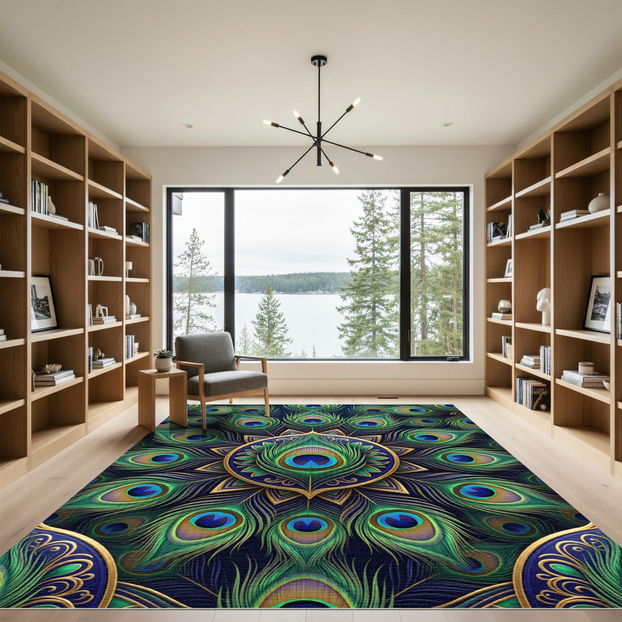 Elegant Peacock Feather Gold Mandala Rug