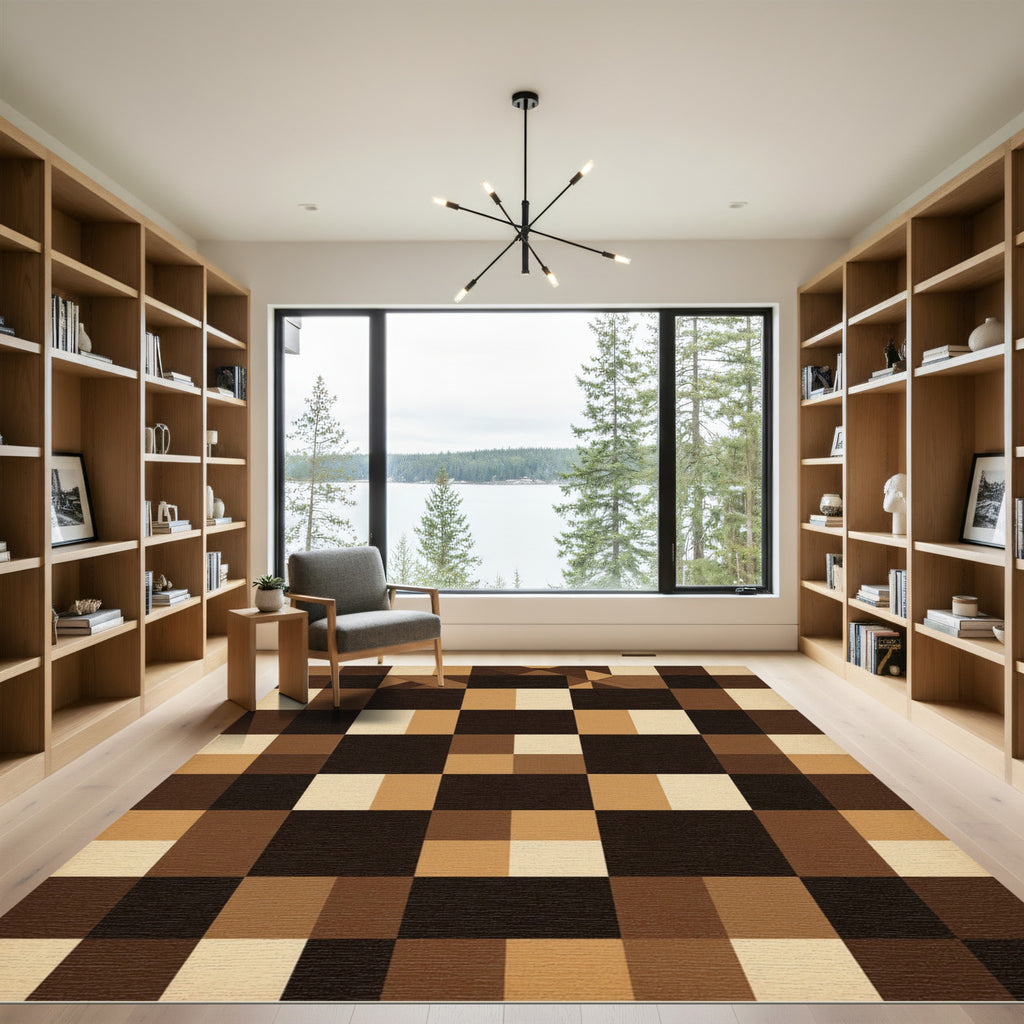 Brown Tonal Geometric Checkerboard Rug