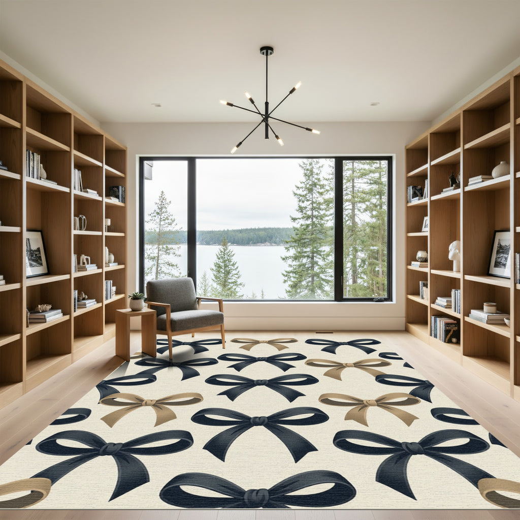 Elegant Black and Taupe Ribbon Bow Rug