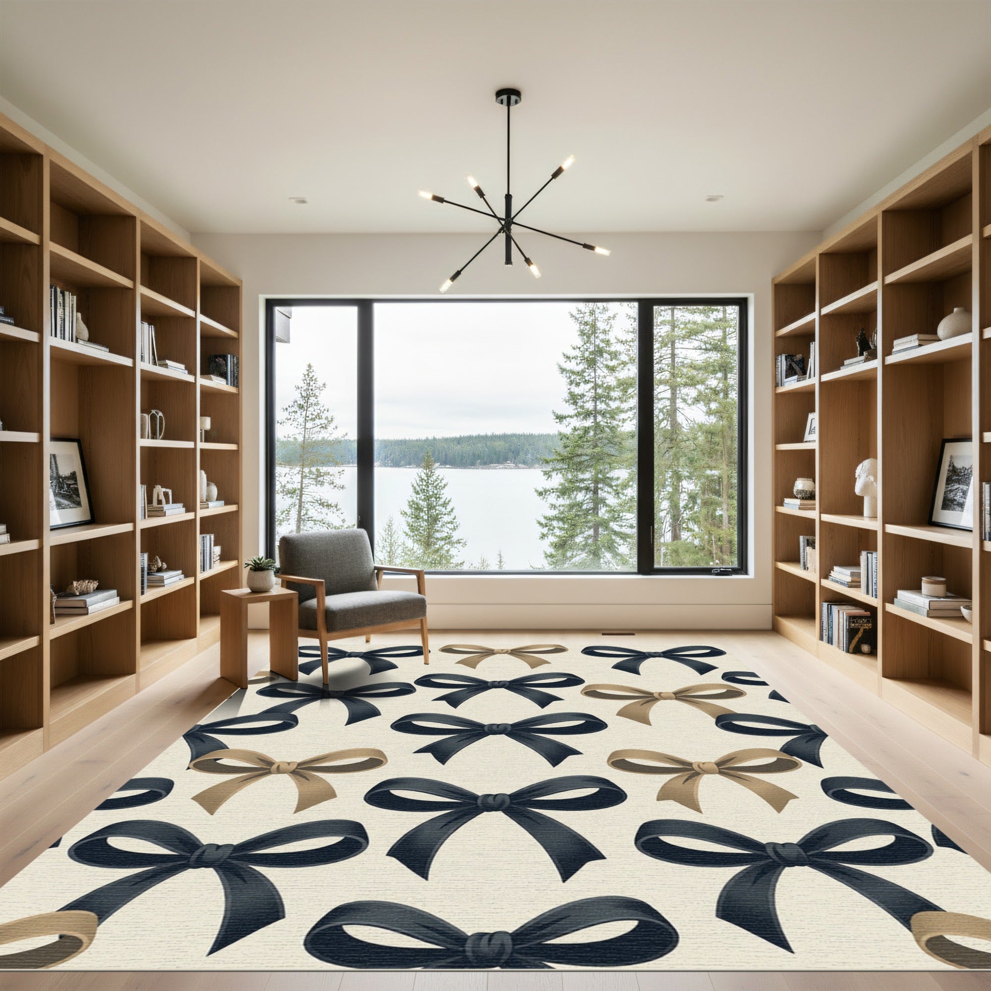 Elegant Black and Taupe Ribbon Bow Rug