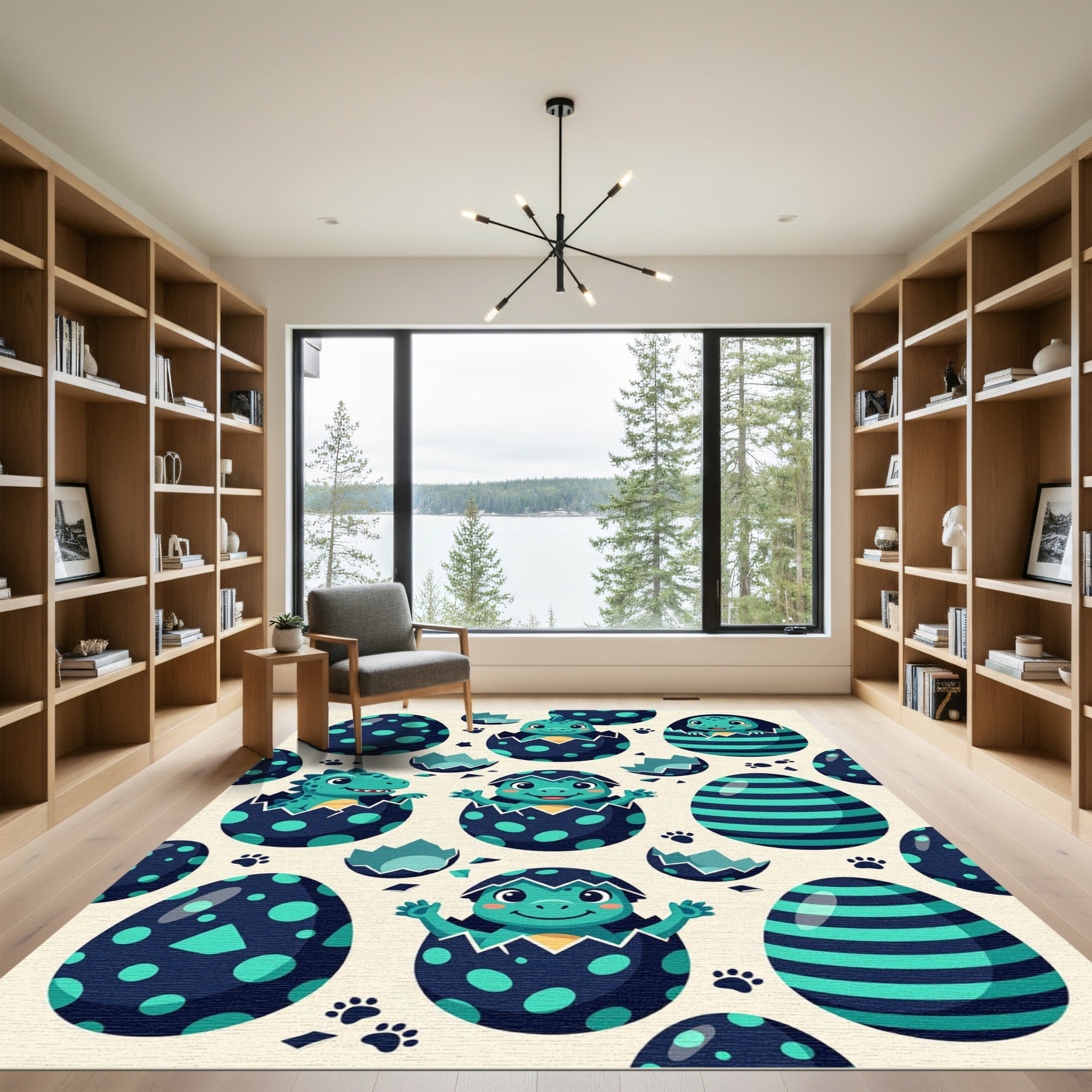 Playful Teal Dinosaur Egg Hatching Illustration Rug