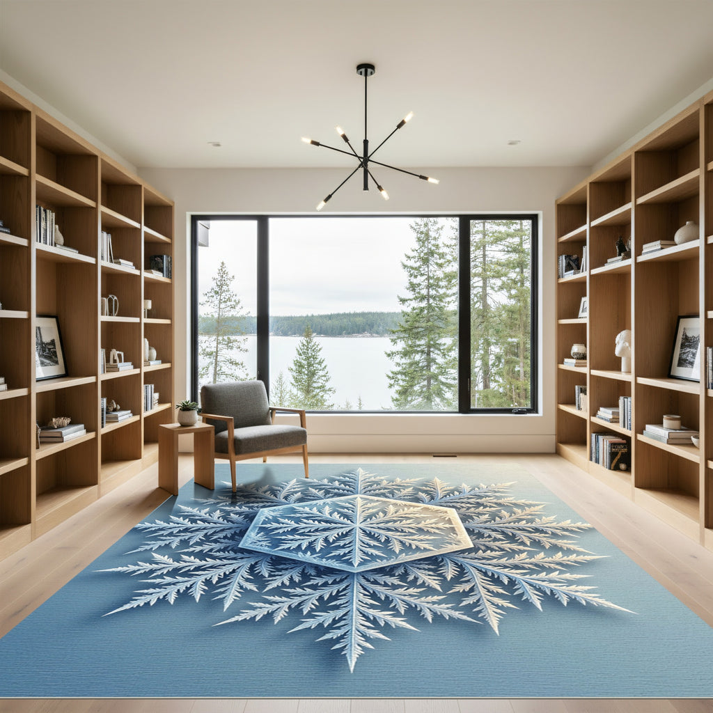 Elegant Frost Blue Hexagonal Snowflake Rug