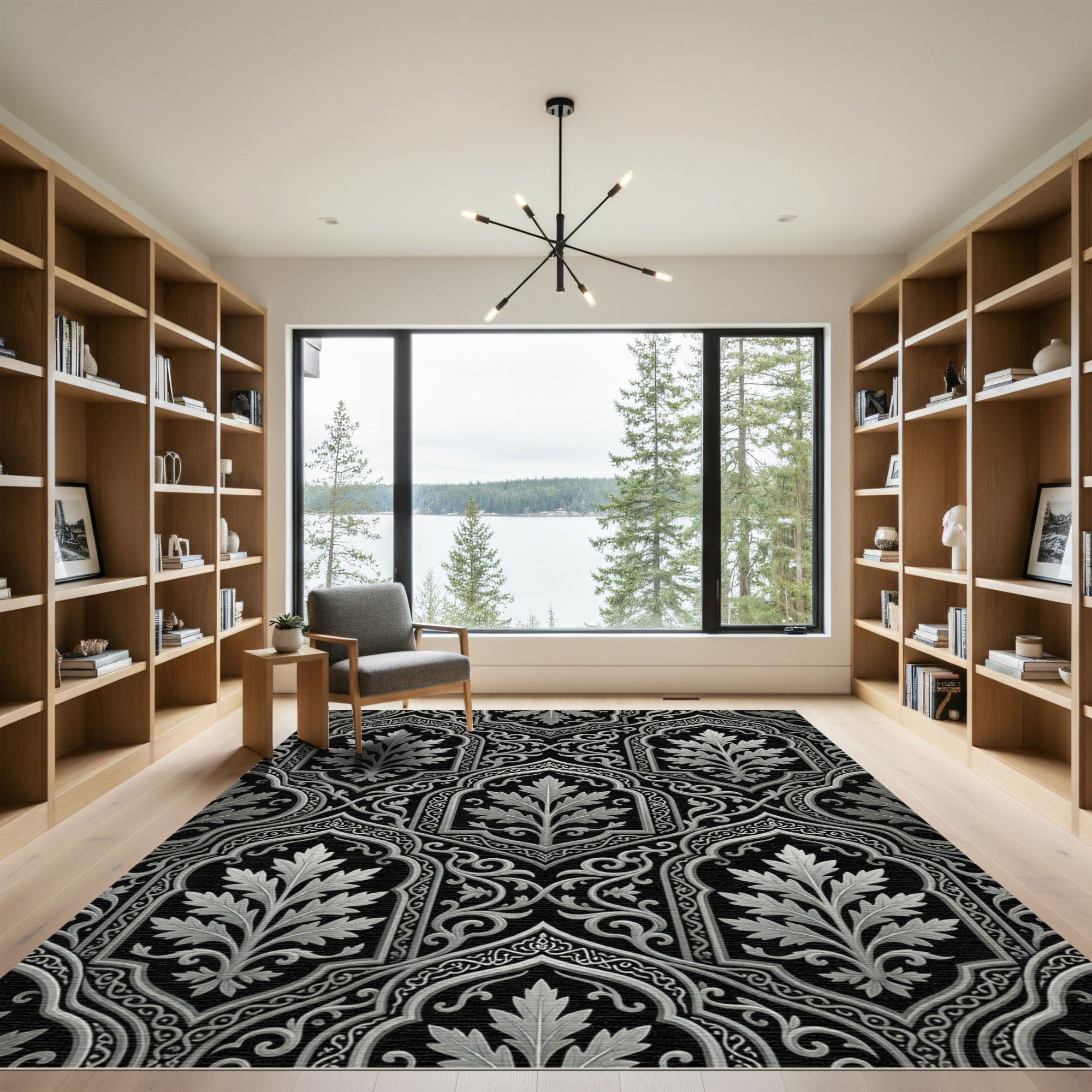 Black Silver Leaf Archway Medallion Rug