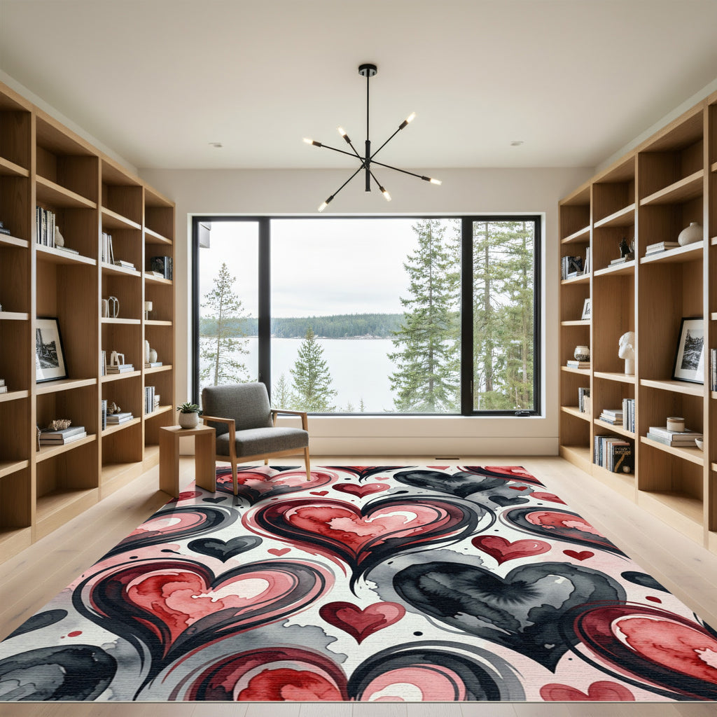 Crimson Gray Watercolor Hearts Swirl Rug