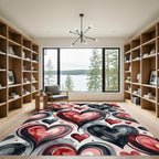 Crimson Gray Watercolor Hearts Swirl Rug