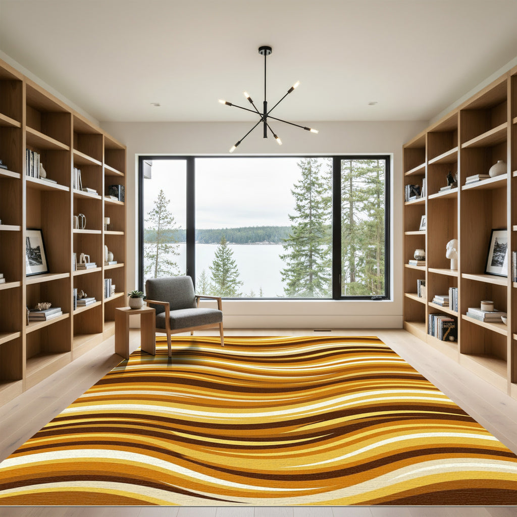 Golden Brown Wavy Swirl Abstract Rug