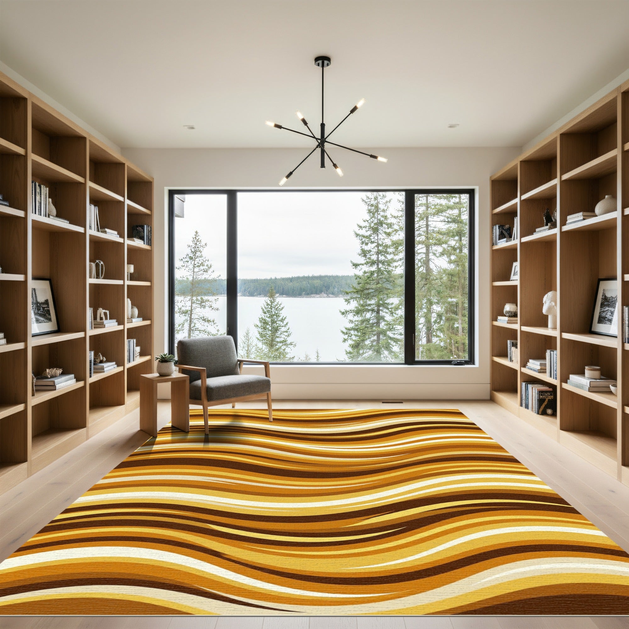 Golden Brown Wavy Swirl Abstract Rug