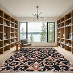 Rose Gold Nouveau Scrollwork Black Rug